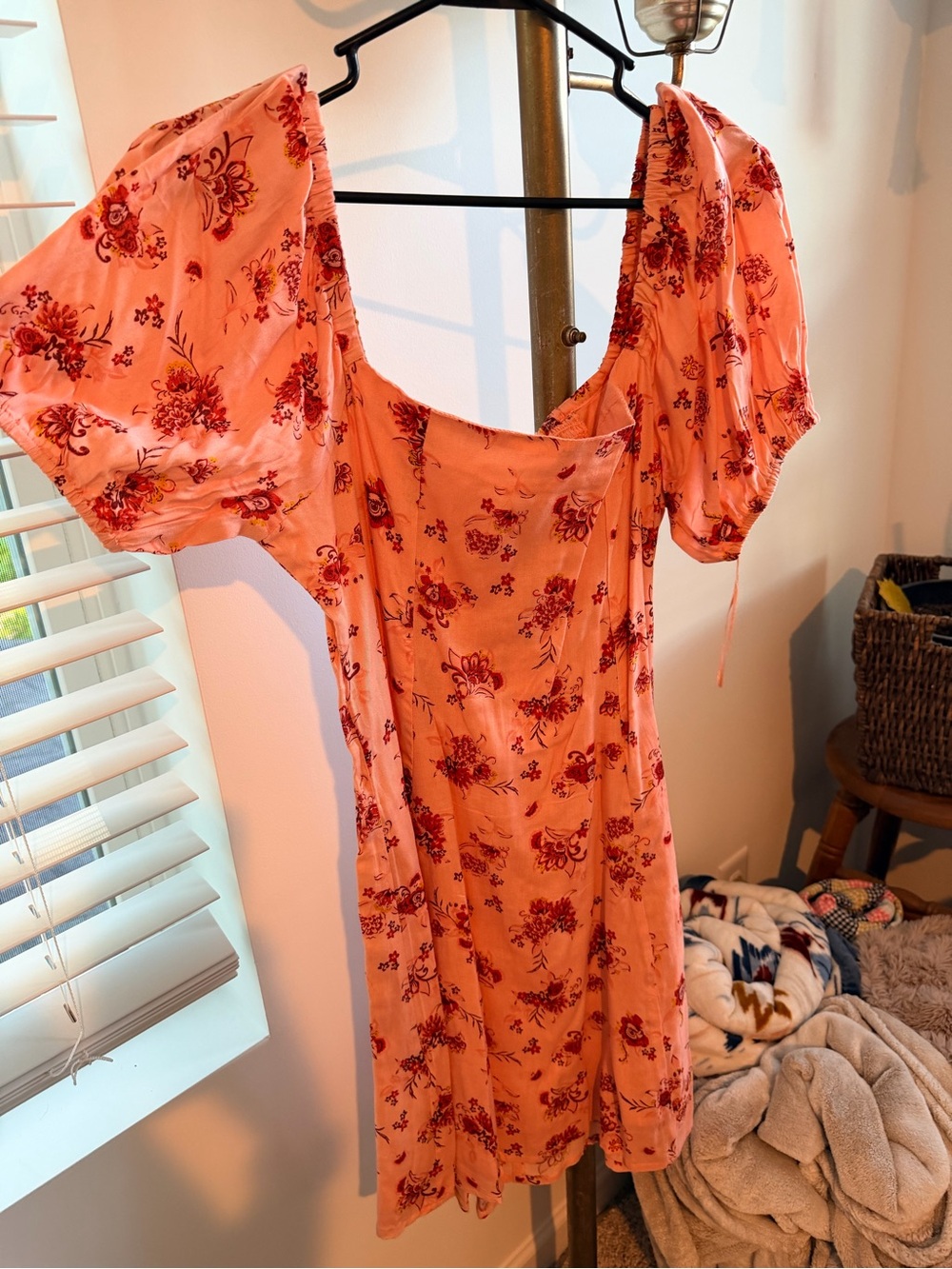 NSR Coral Pink Floral Mini Dress with Puff Sleeves